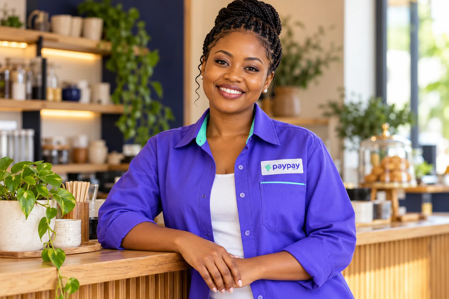 Illustrative image of an entrepreneur wearing a PayPay shirt in a business setting.